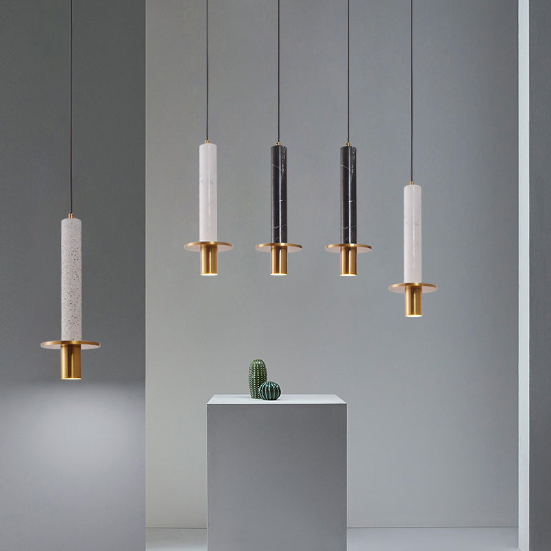 Sword Pendant Ceiling Light - Designer Marble Dining Room LED Hanging Lamp, Black/White/Beige & Brass