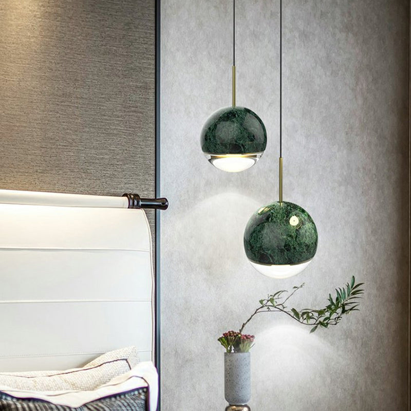 Sleek Nordic Pendant Light with Marble Accent - Spherical Dining Room Hanging Lamp (1 Bulb, 4"/6" Wide) - Black/White/Green