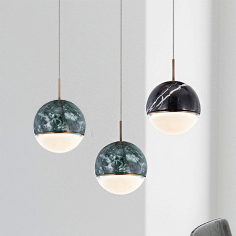 Sleek Nordic Pendant Light with Marble Accent - Spherical Dining Room Hanging Lamp (1 Bulb, 4"/6" Wide) - Black/White/Green