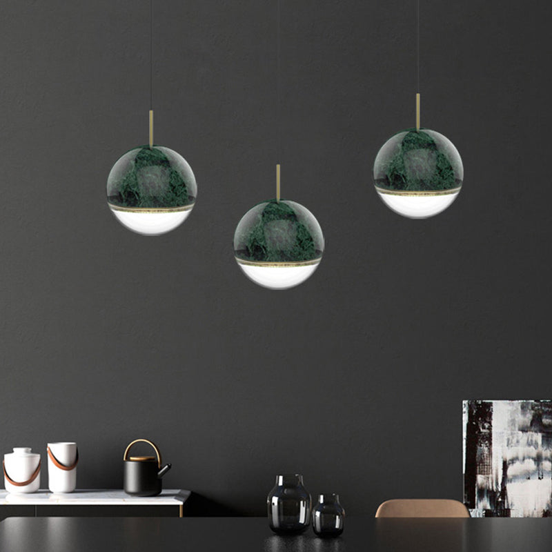 Sleek Nordic Pendant Light with Marble Accent - Spherical Dining Room Hanging Lamp (1 Bulb, 4"/6" Wide) - Black/White/Green