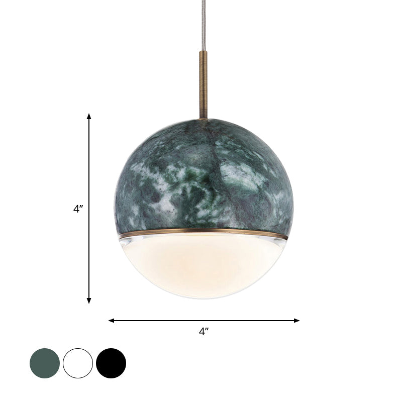 Sleek Nordic Pendant Light with Marble Accent - Spherical Dining Room Hanging Lamp (1 Bulb, 4"/6" Wide) - Black/White/Green