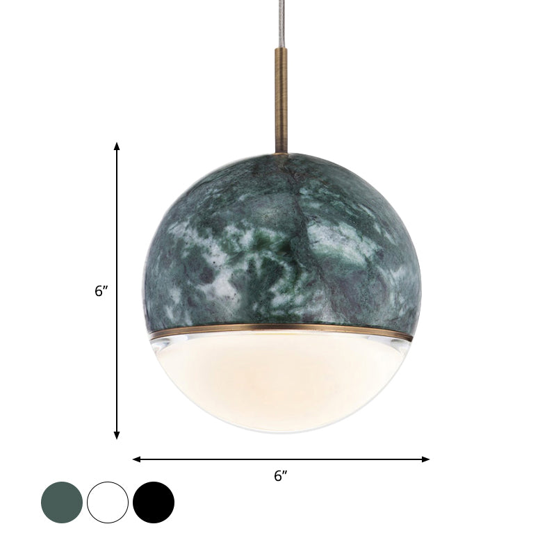 Sleek Nordic Pendant Light with Marble Accent - Spherical Dining Room Hanging Lamp (1 Bulb, 4"/6" Wide) - Black/White/Green