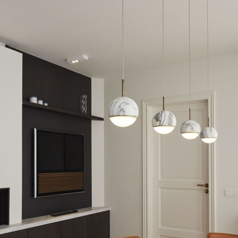 Sleek Nordic Pendant Light with Marble Accent - Spherical Dining Room Hanging Lamp (1 Bulb, 4"/6" Wide) - Black/White/Green