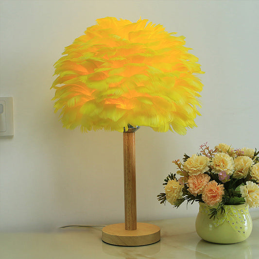 Modern Feather Flower Night Lamp: 1-Light Grey/Blue/Burgundy Wood Table Light For Bedroom Yellow