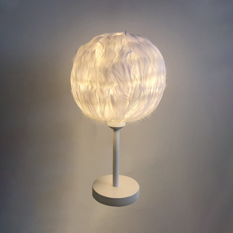 Handmade Nordic Style Feather Sphere Table Light - White/Pink/Rose Red Nightstand Lamp With Plug-In