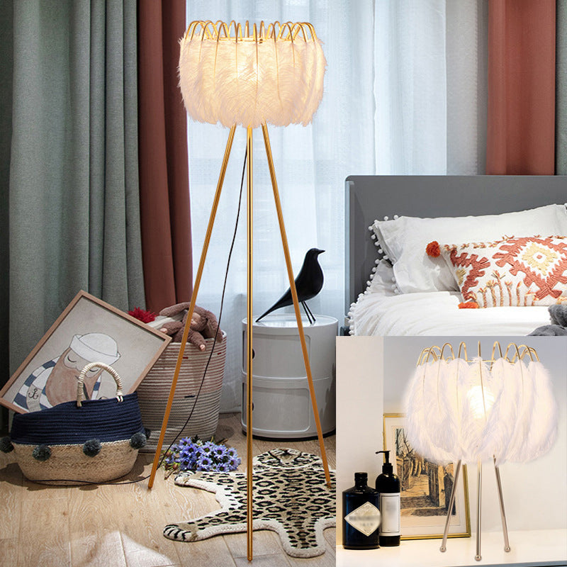 Goose Feather Tripod Drum Floor Lamp - Brass And White