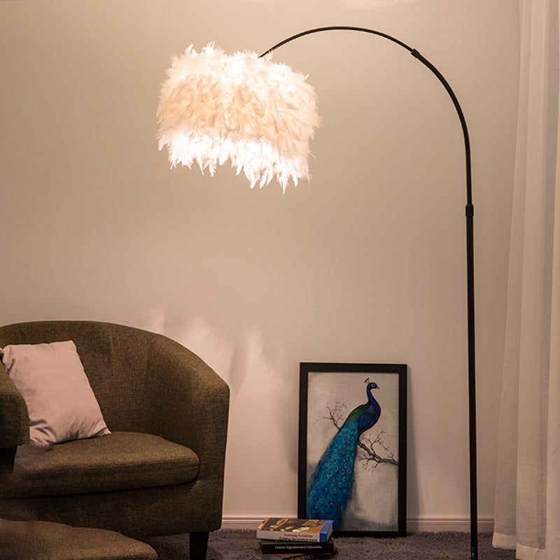 Minimalist Black/White Drum Floor Lamp With Feathered 1 Head Curved/Straight Pole
