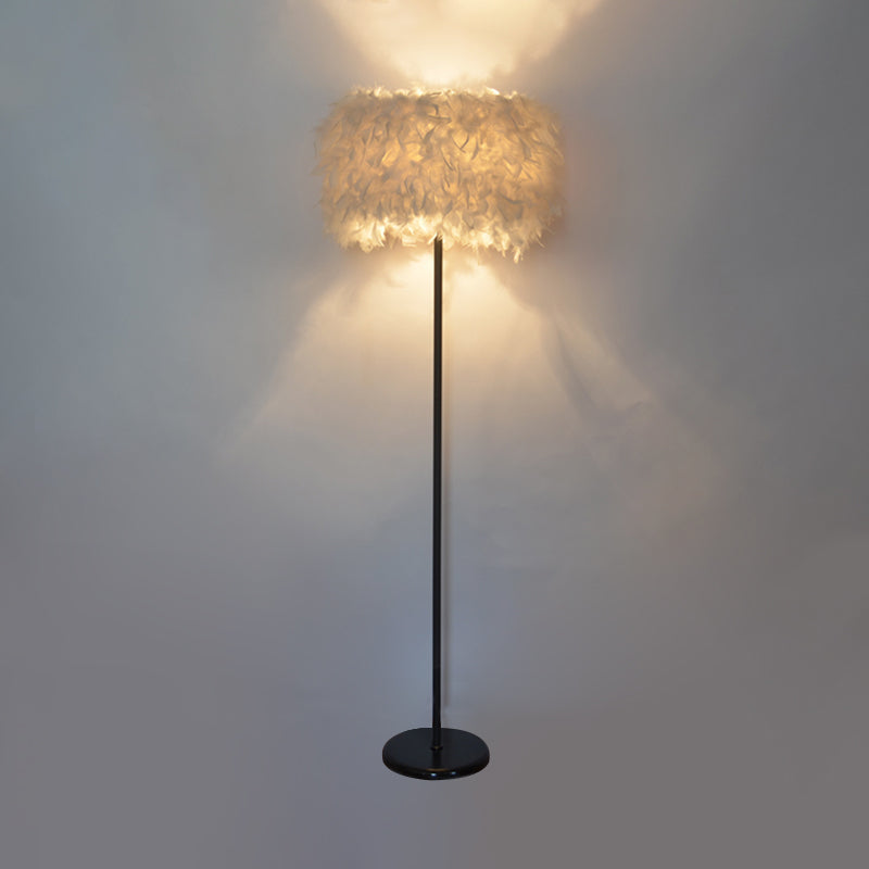 Minimalist Black/White Drum Floor Lamp With Feathered 1 Head Curved/Straight Pole