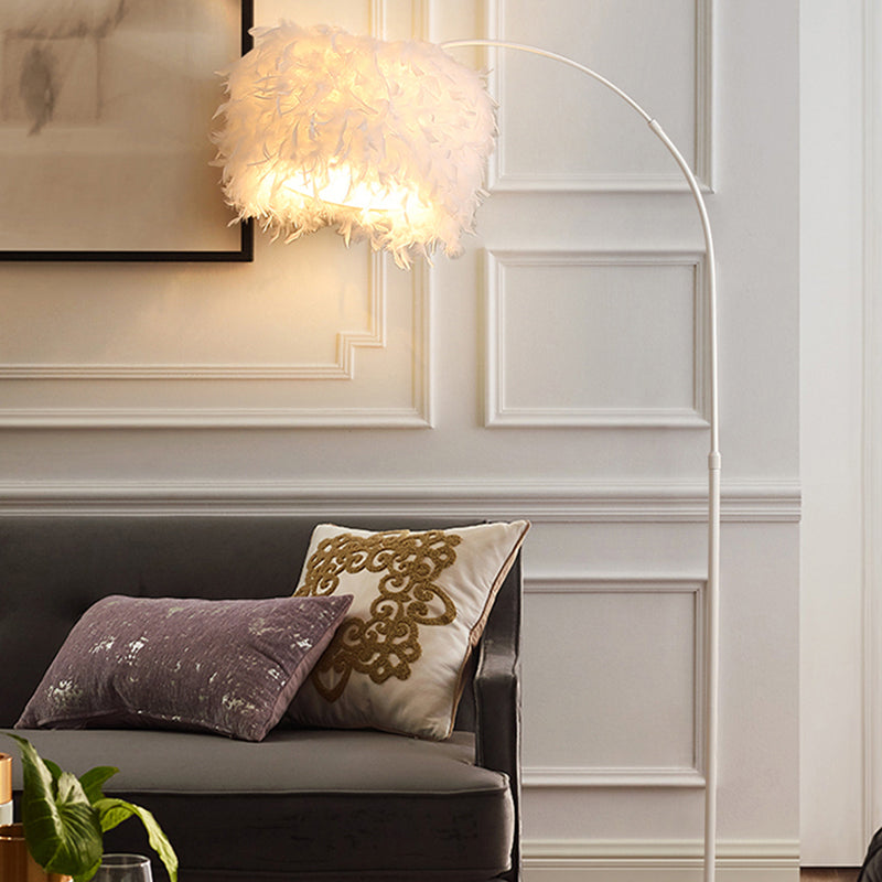 Nordic Feather Standing Lamp: Drum-Shaped 1-Bulb Gooseneck Floor Light Black/White - With/Without
