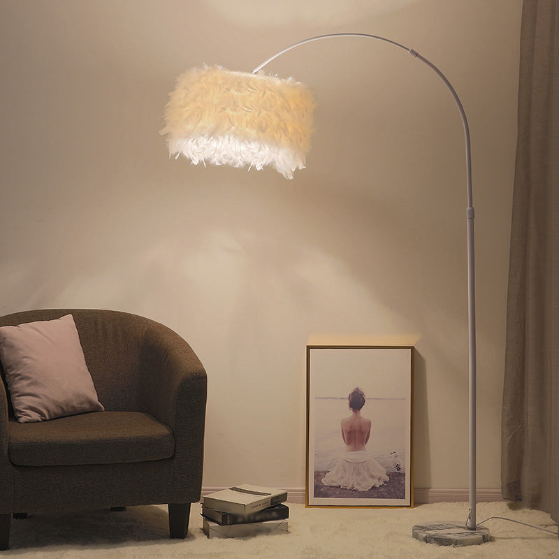 Nordic Feather Standing Lamp: Drum-Shaped 1-Bulb Gooseneck Floor Light Black/White - With/Without