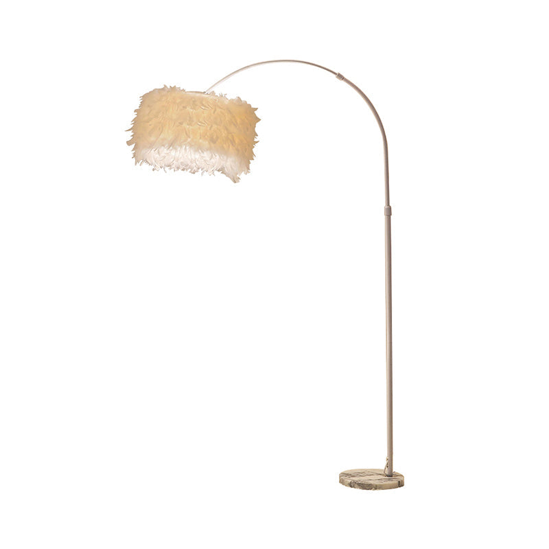 Nordic Feather Standing Lamp: Drum-Shaped 1-Bulb Gooseneck Floor Light Black/White - With/Without