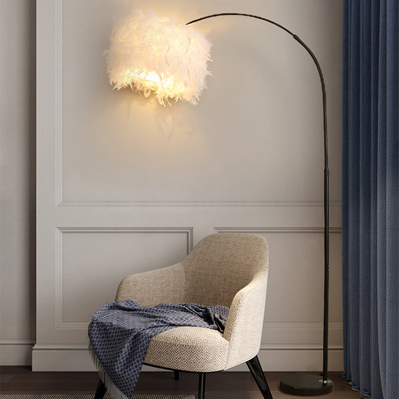 Nordic Feather Standing Lamp: Drum-Shaped 1-Bulb Gooseneck Floor Light Black/White - With/Without