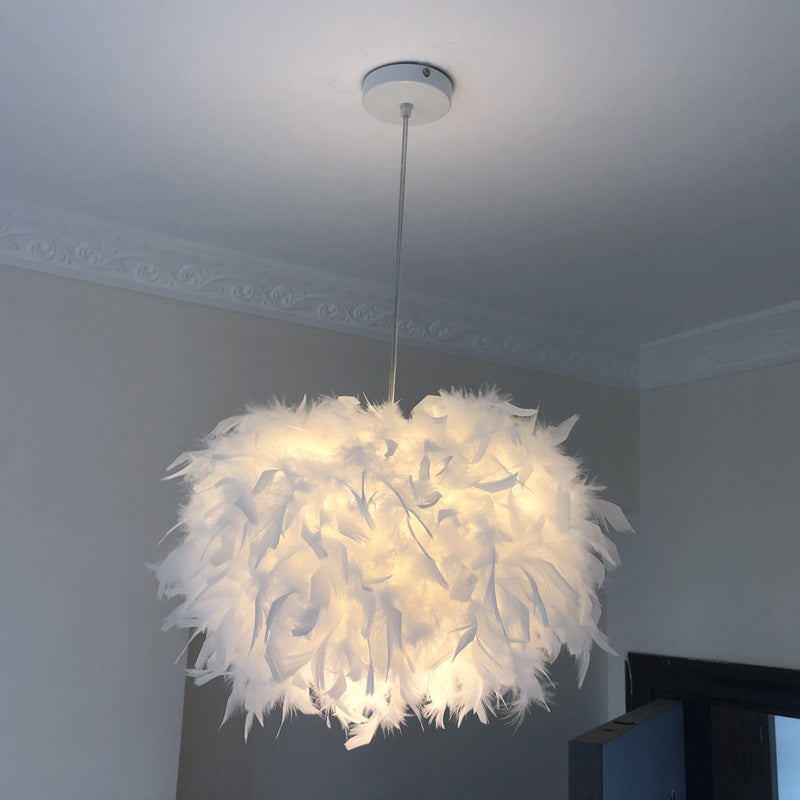 Nordic Feather Pendant Lamp - Handcrafted Hemispherical Design, 1-Bulb White Hanging Light Kit (11"/15"/19.5" W)