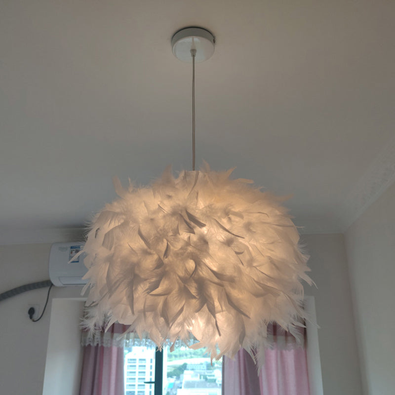 Nordic Feather Pendant Lamp - Handcrafted Hemispherical Design, 1-Bulb White Hanging Light Kit (11"/15"/19.5" W)