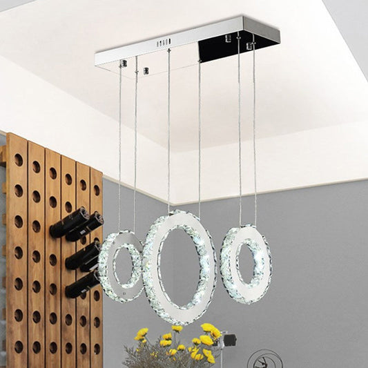 Modern Silver Circular Pendant with K9 Crystal, 3/5 Lights for Dining Room Cluster