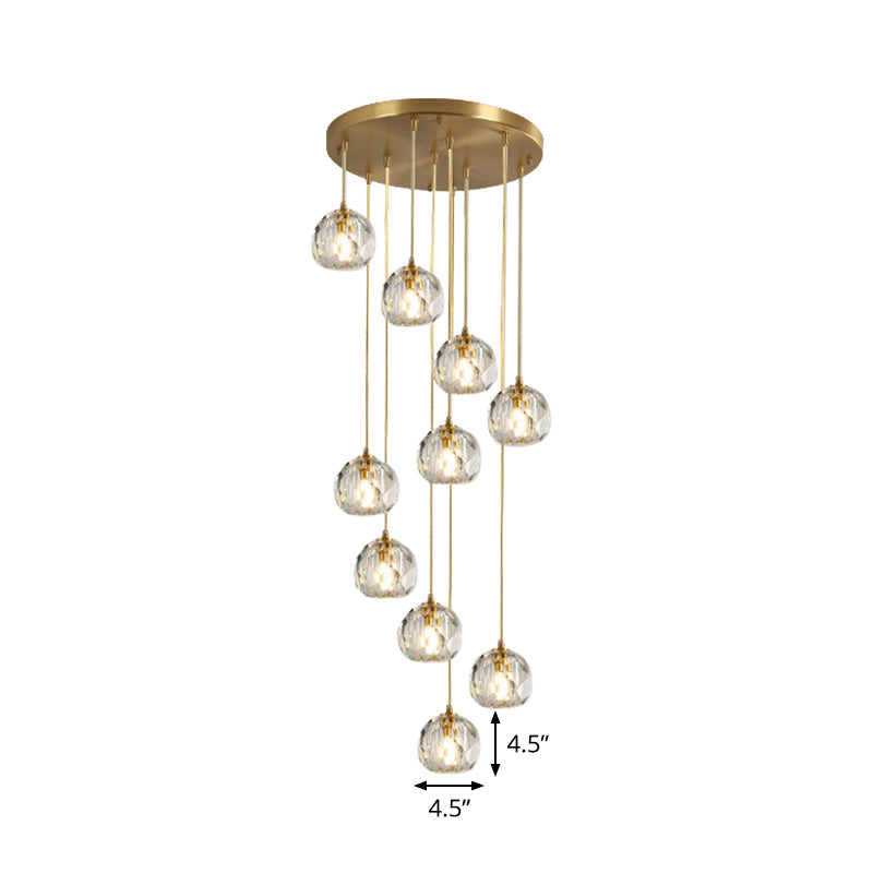 Stylish Modern Brass Ceiling Hang Light with Faceted K9 Crystal Cluster Ball Pendant for Living Room