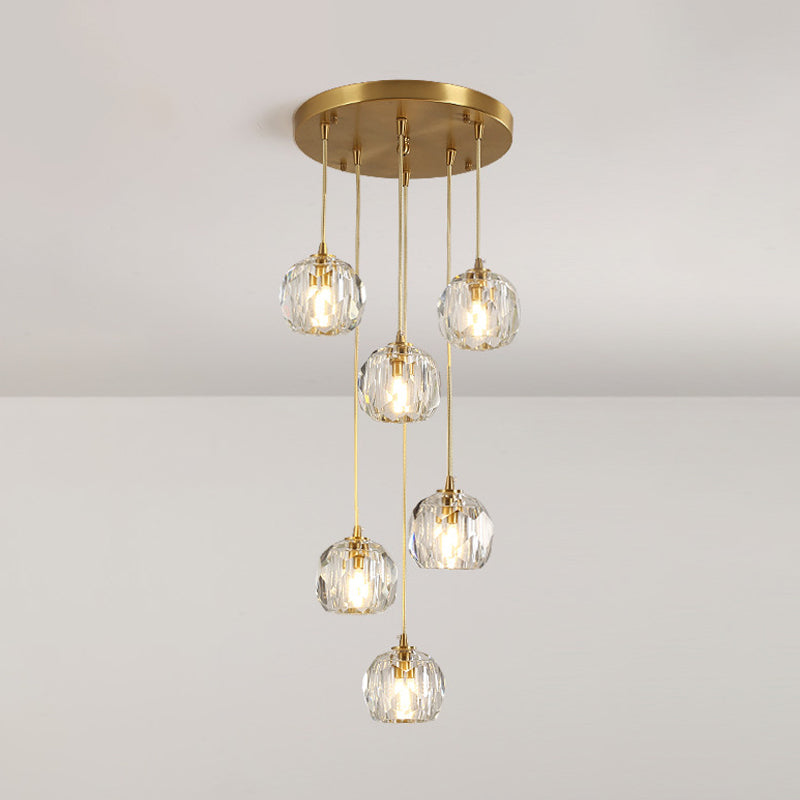 Stylish Modern Brass Ceiling Hang Light with Faceted K9 Crystal Cluster Ball Pendant for Living Room