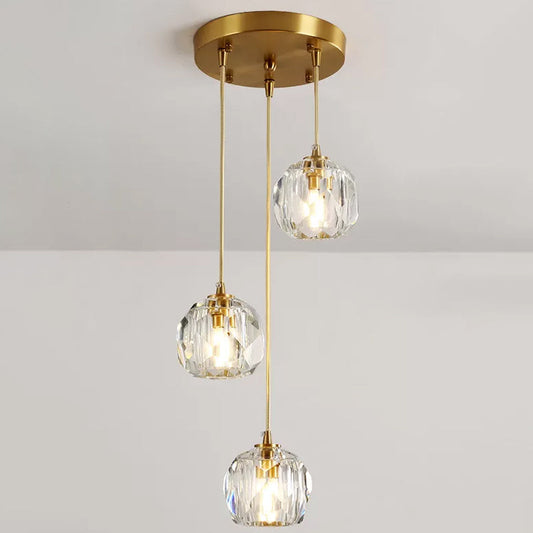 Stylish Modern Brass Ceiling Hang Light with Faceted K9 Crystal Cluster Ball Pendant for Living Room