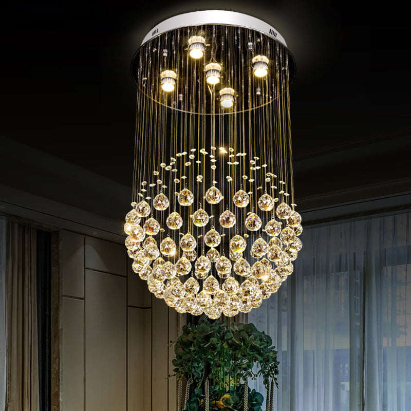 Contemporary Crystal Orb Ceiling Light - 5-Light Flush Mount in Stainless Steel