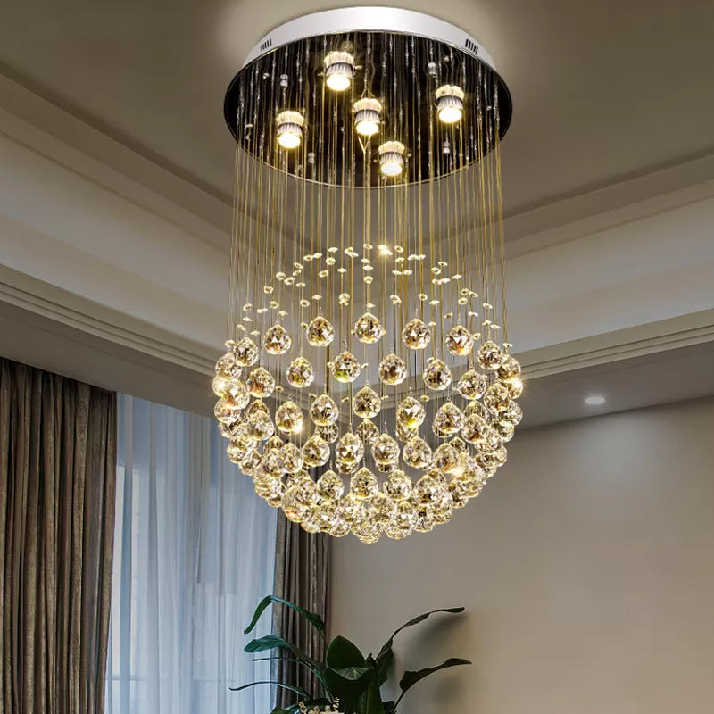 Contemporary Crystal Orb Ceiling Light - 5-Light Flush Mount In Stainless Steel