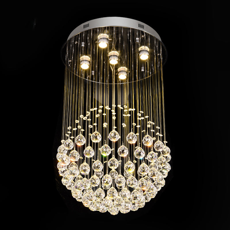 Contemporary Crystal Orb Ceiling Light - 5-Light Flush Mount In Stainless Steel