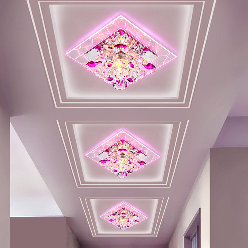 Nordic Crystal Flush Mount Light: Floral Led Purple Ceiling Fixture For Corridor / Pink
