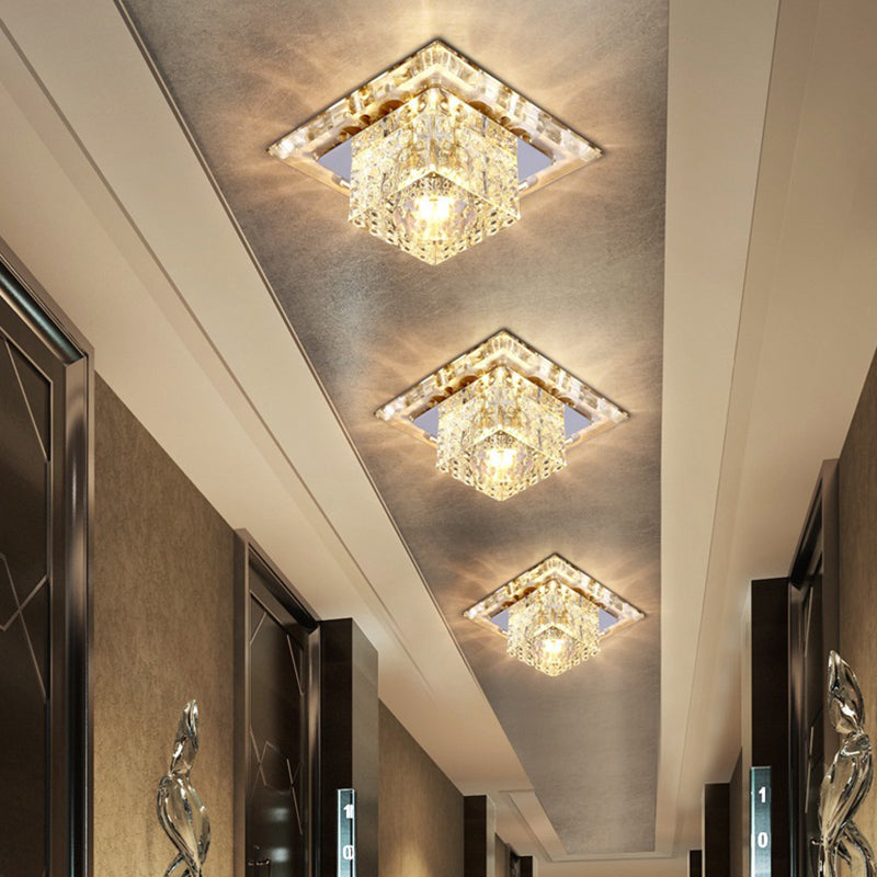 Modern Crystal Cube Ceiling Light: LED Flush Mount Fixture in Chrome