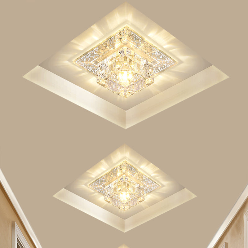 Modern LED Crystal Flushmount Ceiling Light - Square Clear Glass, Chrome Finish - Ideal for Porch