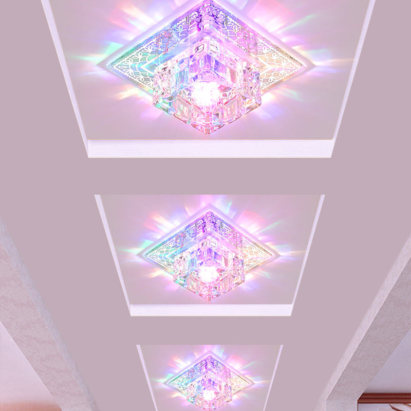 Modern Led Crystal Flushmount Ceiling Light - Square Clear Glass Chrome Finish Ideal For Porch