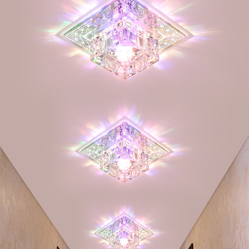 Modern LED Crystal Flushmount Ceiling Light - Square Clear Glass, Chrome Finish - Ideal for Porch