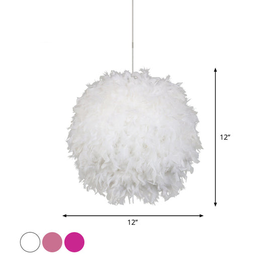 Modern Feather Pendant Light In White/Pink/Rose Red - 12/14/16 Wide Sphere Drop 1 Head For Bedroom