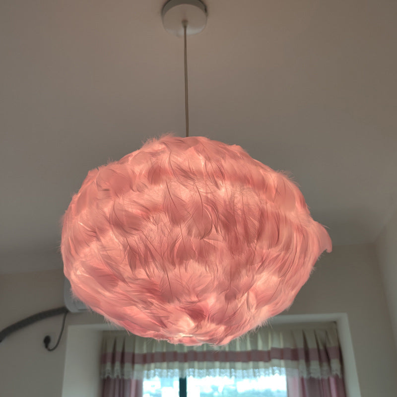 Globe Feather Suspension Lamp: Simple Style Hanging Pendant in Grey/White/Pink