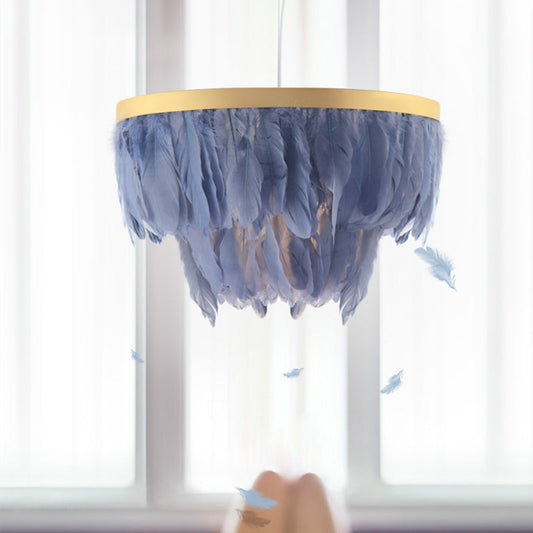 Feathered Pendant Light Kit - Postmodern Layered 1 Head, White/Blue - Dining Room Drop