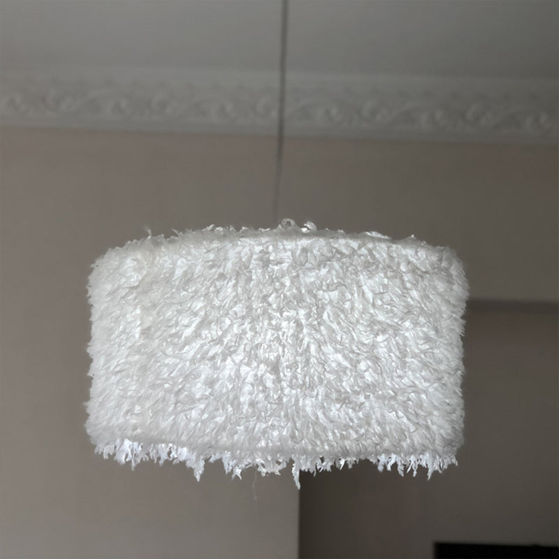 Nordic Pink/White Feathered Pendant Lamp - 1 Bulb, Cylindrical/Drum Design - 5.5"/8"/14" Width
