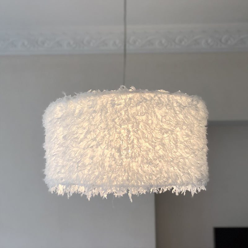 Nordic Pink/White Feathered Pendant Lamp - 1 Bulb, Cylindrical/Drum Design - 5.5"/8"/14" Width