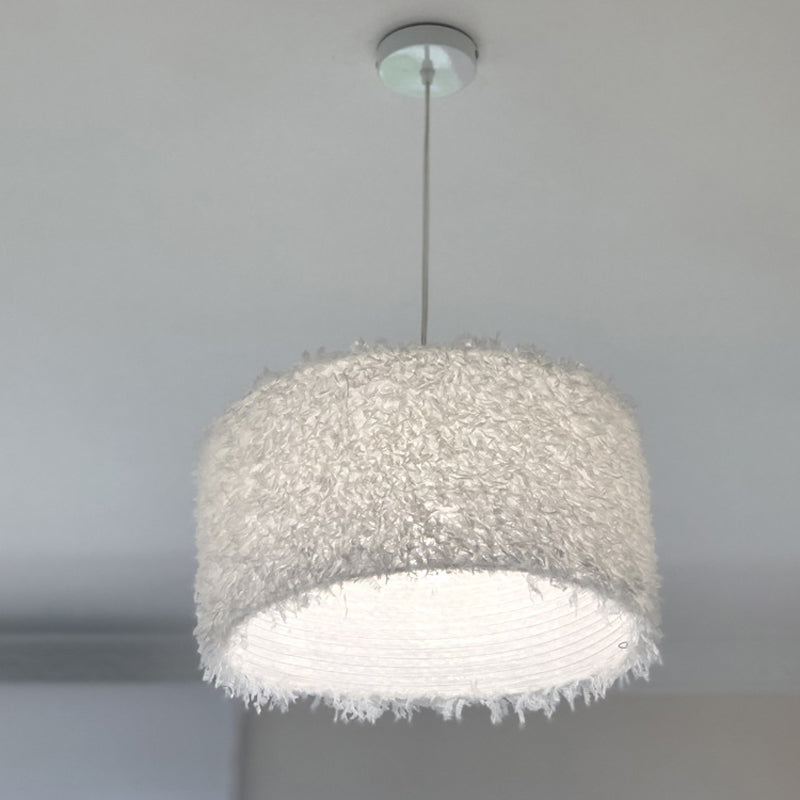 Nordic Pink/White Feathered Pendant Lamp - 1 Bulb, Cylindrical/Drum Design - 5.5"/8"/14" Width