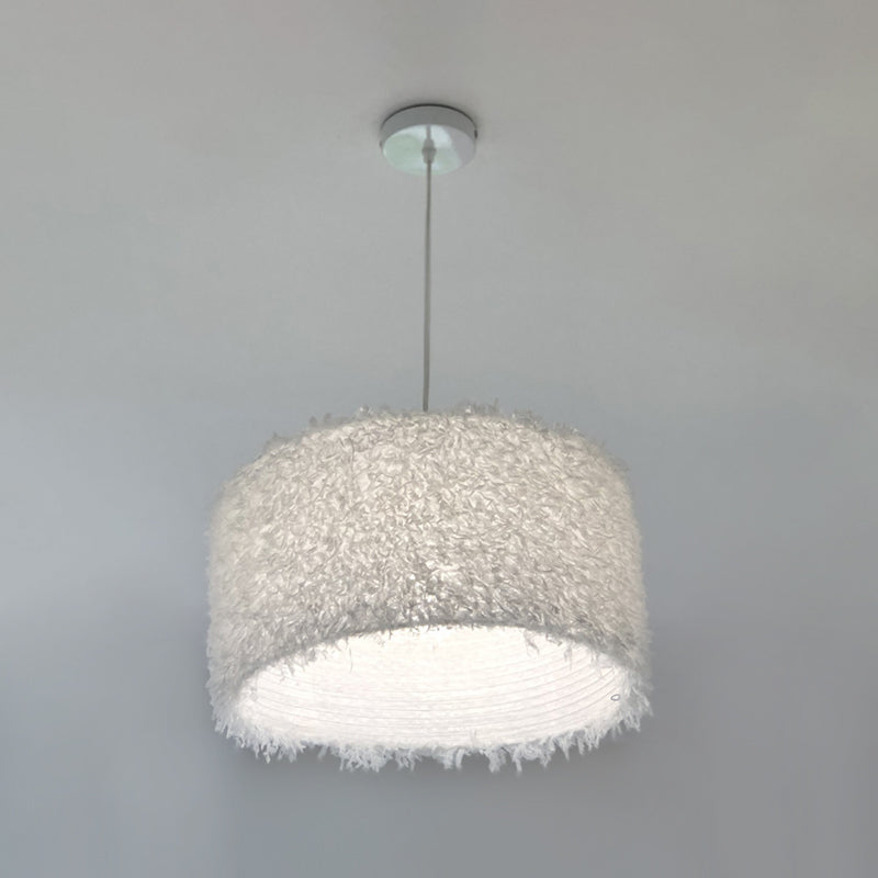 Nordic Pink/White Feathered Pendant Lamp - 1 Bulb, Cylindrical/Drum Design - 5.5"/8"/14" Width
