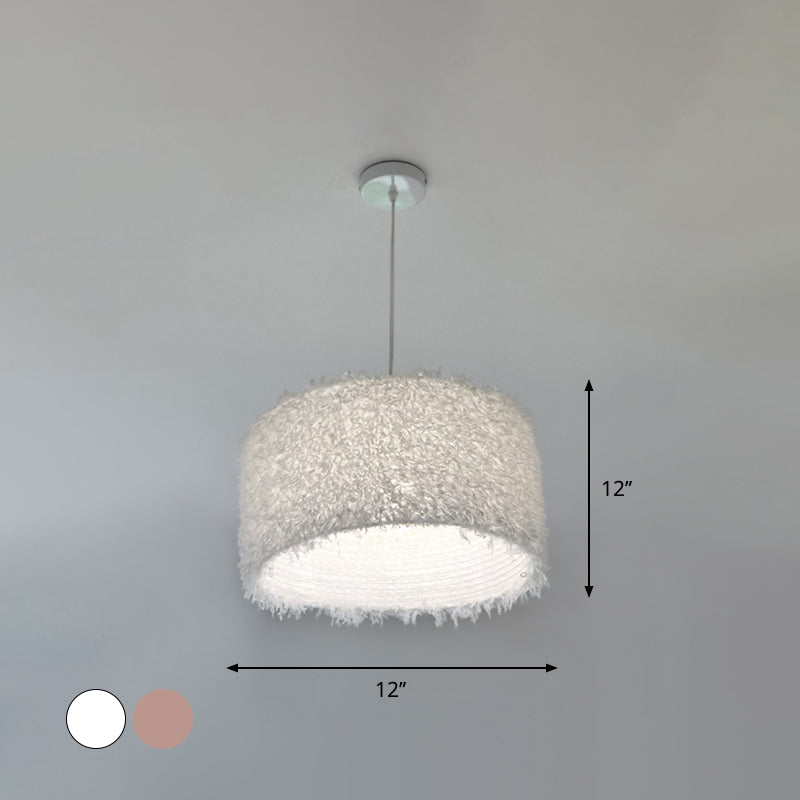 Nordic Pink/White Feathered Pendant Lamp - 1 Bulb, Cylindrical/Drum Design - 5.5"/8"/14" Width