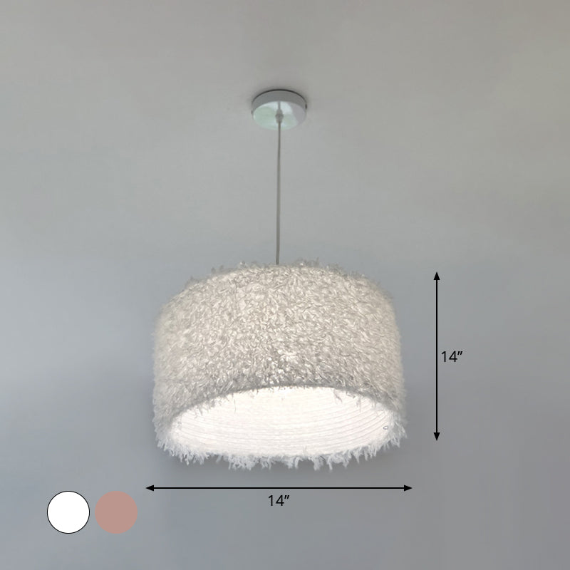 Nordic Pink/White Feathered Pendant Lamp - 1 Bulb, Cylindrical/Drum Design - 5.5"/8"/14" Width