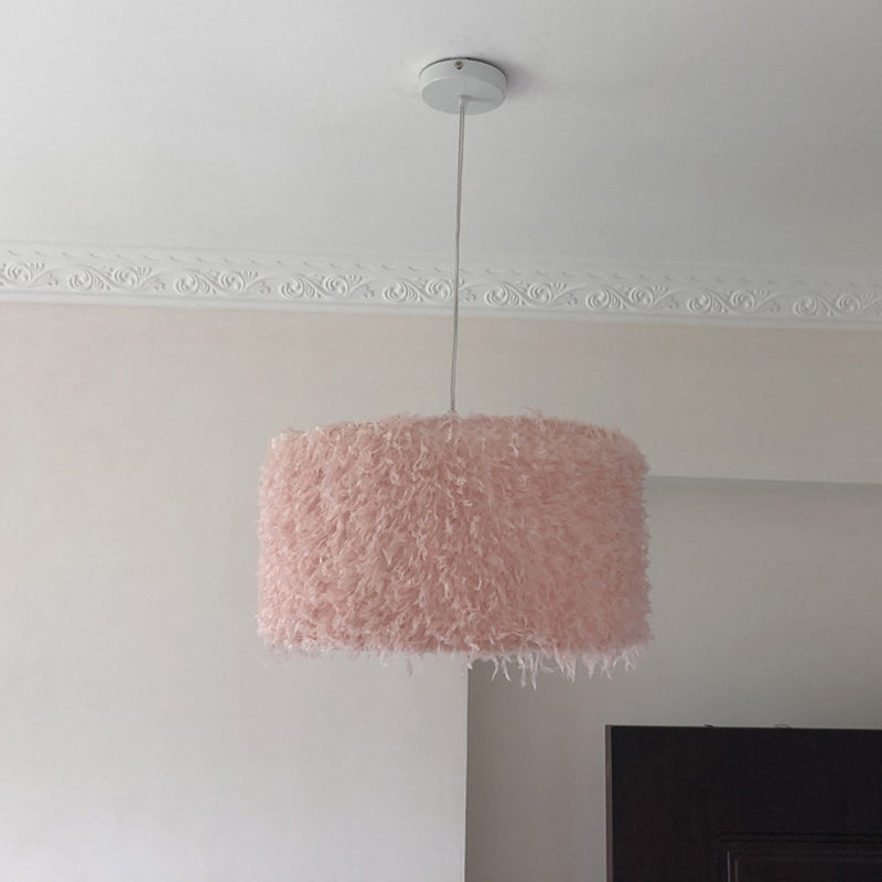 Nordic Pink/White Feathered Pendant Lamp - 1 Bulb, Cylindrical/Drum Design - 5.5"/8"/14" Width