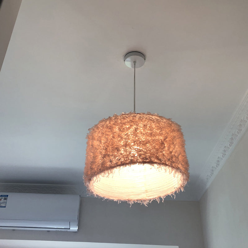 Nordic Pink/White Feathered Pendant Lamp - 1 Bulb, Cylindrical/Drum Design - 5.5"/8"/14" Width