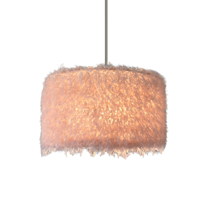 Nordic Pink/White Feathered Pendant Lamp - 1 Bulb, Cylindrical/Drum Design - 5.5"/8"/14" Width