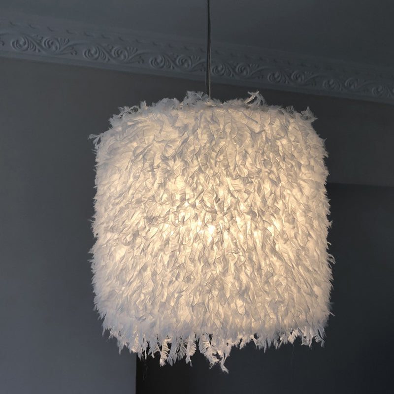 Nordic Pink/White Feathered Pendant Lamp - 1 Bulb, Cylindrical/Drum Design - 5.5"/8"/14" Width