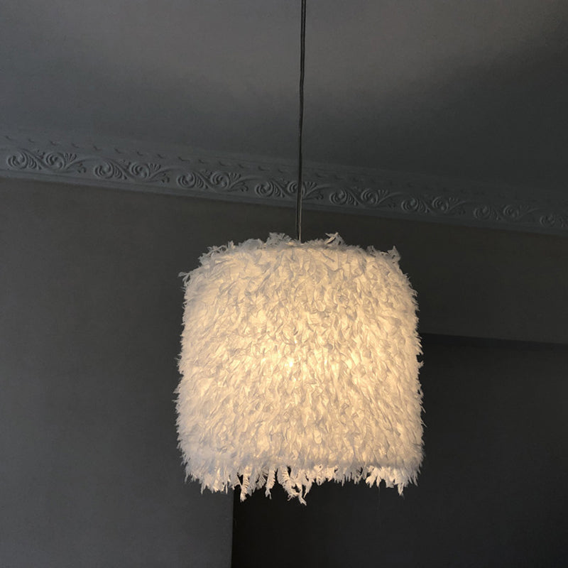 Nordic Pink/White Feathered Pendant Lamp - 1 Bulb, Cylindrical/Drum Design - 5.5"/8"/14" Width