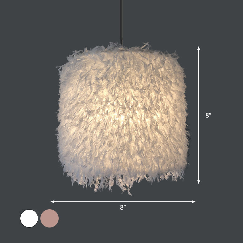 Nordic Pink/White Feathered Pendant Lamp - 1 Bulb, Cylindrical/Drum Design - 5.5"/8"/14" Width
