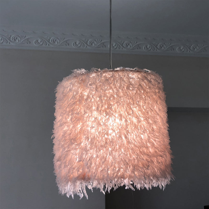 Nordic Pink/White Feathered Pendant Lamp - 1 Bulb, Cylindrical/Drum Design - 5.5"/8"/14" Width