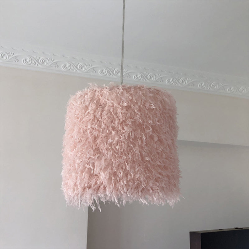 Nordic Pink/White Feathered Pendant Lamp - 1 Bulb, Cylindrical/Drum Design - 5.5"/8"/14" Width