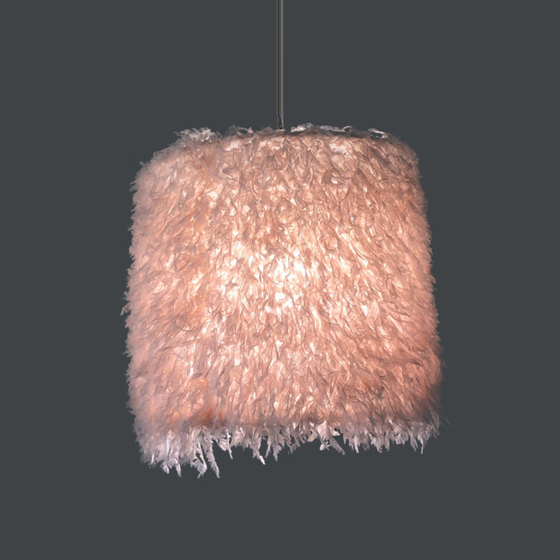 Nordic Pink/White Feathered Pendant Lamp - 1 Bulb, Cylindrical/Drum Design - 5.5"/8"/14" Width