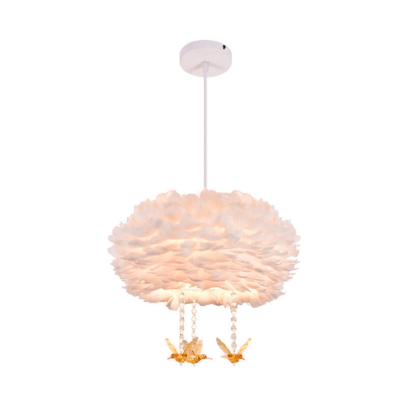 Lustre suspendu à 5 lumières en forme de tambour en plumes nordique avec décoration d'oiseau - Blanc, largeur 16"/23,5"/31,5"