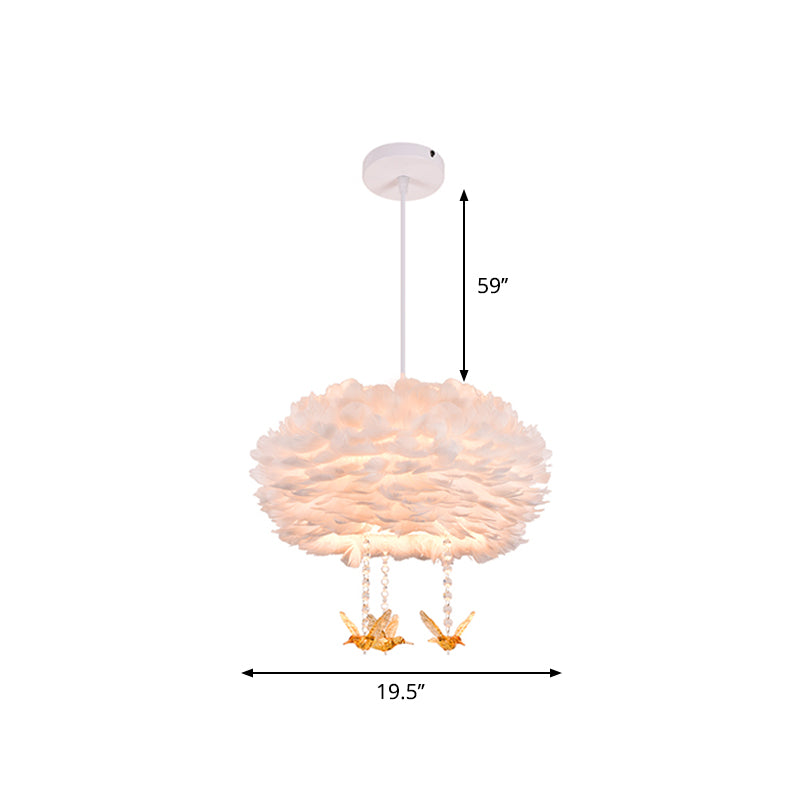 Lustre suspendu à 5 lumières en forme de tambour en plumes nordique avec décoration d'oiseau - Blanc, largeur 16"/23,5"/31,5"